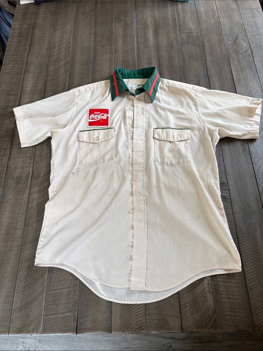 Coca Cola Cream Short Sleeve Button-Down with Green Collar and Red Patch